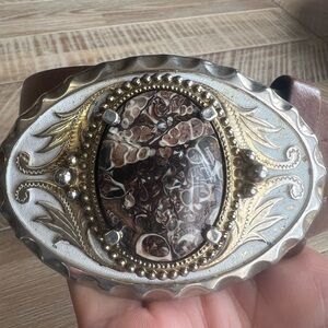Brown Leather Belt with Ornate Silver and Gold Buckle